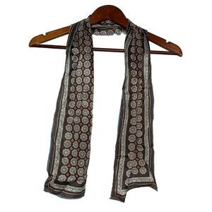sally gee silk scarf brown teal medallion print 8.5x24" made in japan Vintage